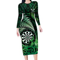 Personalised New Zealand Darts Family Matching Long Sleeve Bodycon Dress and Hawaiian Shirt Maori Koru Dartboard Green Flame LT05 Mom's Dress Green - Polynesian Pride