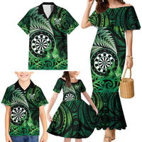 Personalised New Zealand Darts Family Matching Mermaid Dress and Hawaiian Shirt Maori Koru Dartboard Green Flame LT05 - Polynesian Pride