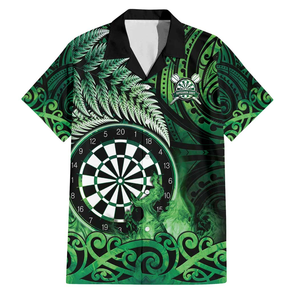 Personalised New Zealand Darts Family Matching Mermaid Dress and Hawaiian Shirt Maori Koru Dartboard Green Flame LT05 Dad's Shirt - Short Sleeve Green - Polynesian Pride