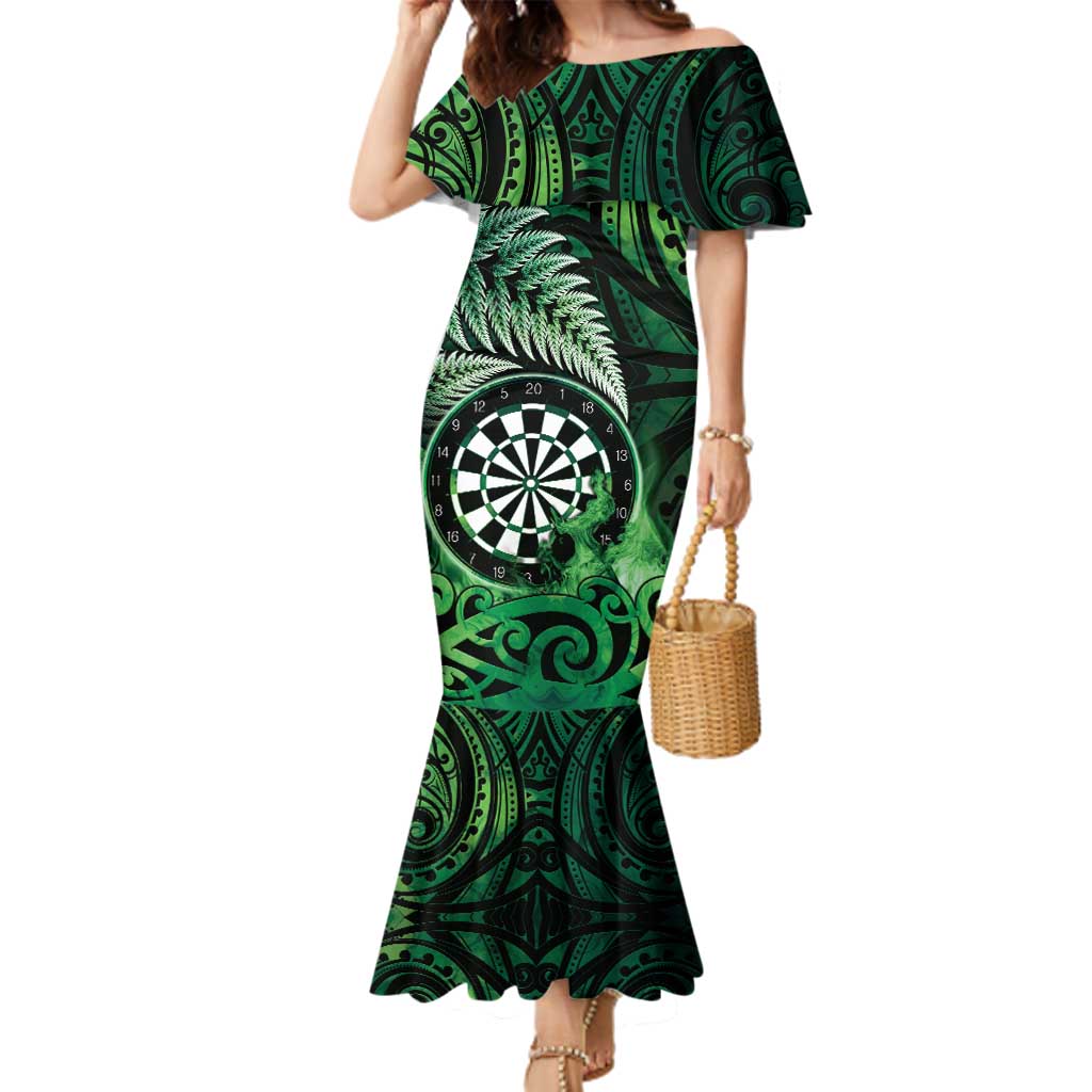 Personalised New Zealand Darts Family Matching Mermaid Dress and Hawaiian Shirt Maori Koru Dartboard Green Flame LT05 Mom's Dress Green - Polynesian Pride