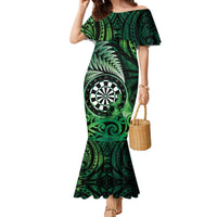 Personalised New Zealand Darts Family Matching Mermaid Dress and Hawaiian Shirt Maori Koru Dartboard Green Flame LT05 Mom's Dress Green - Polynesian Pride
