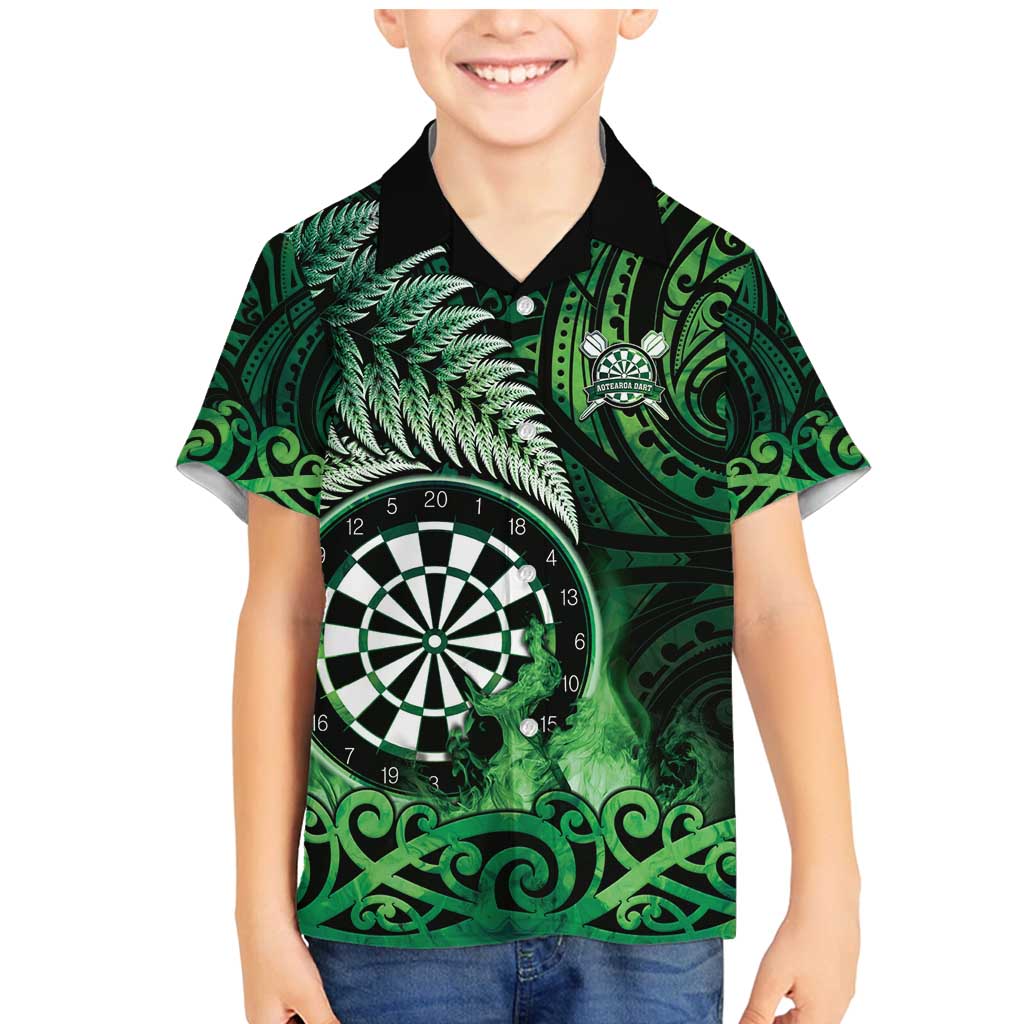 Personalised New Zealand Darts Family Matching Mermaid Dress and Hawaiian Shirt Maori Koru Dartboard Green Flame LT05 Son's Shirt Green - Polynesian Pride