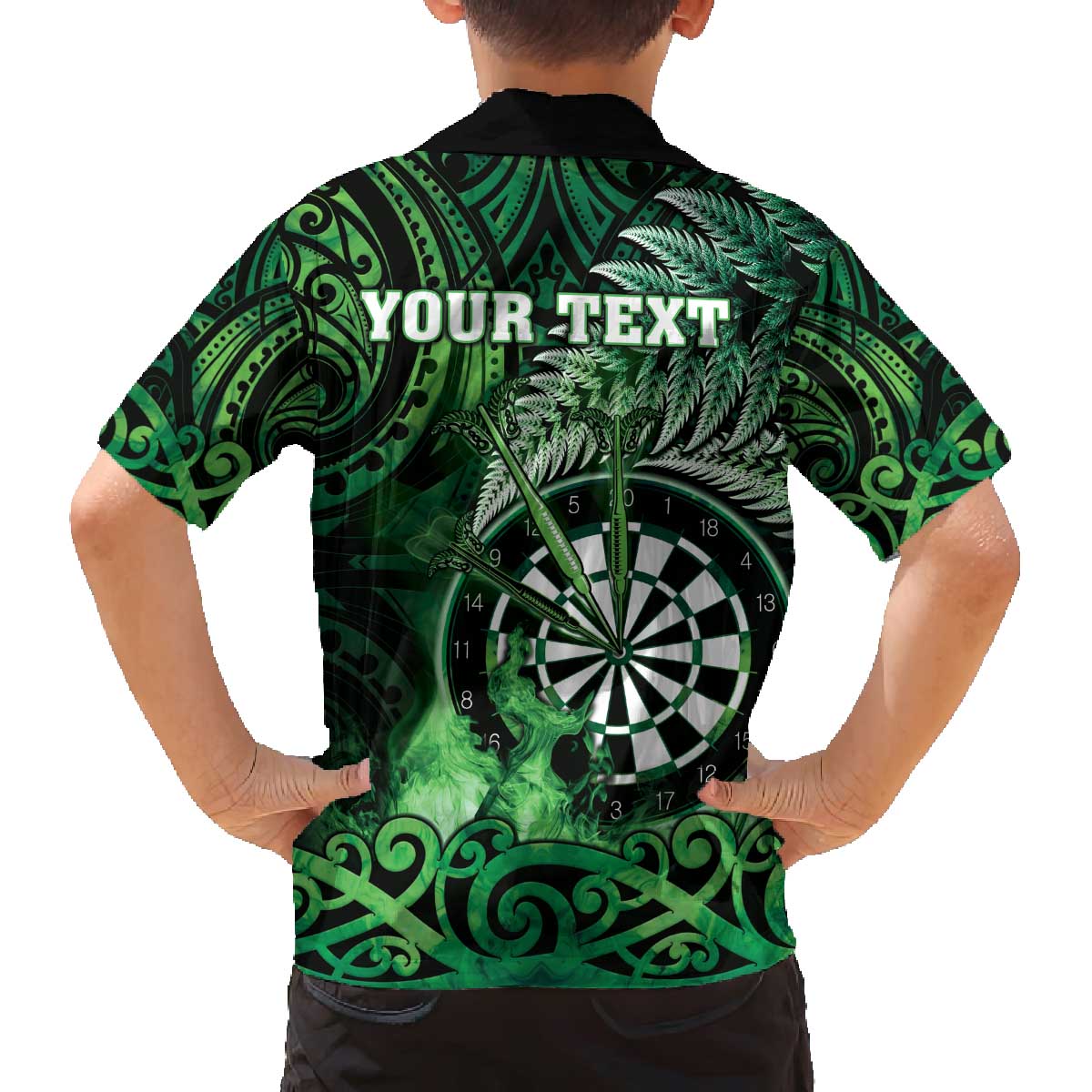 Personalised New Zealand Darts Family Matching Off The Shoulder Long Sleeve Dress and Hawaiian Shirt Maori Koru Dartboard Green Flame LT05 - Polynesian Pride