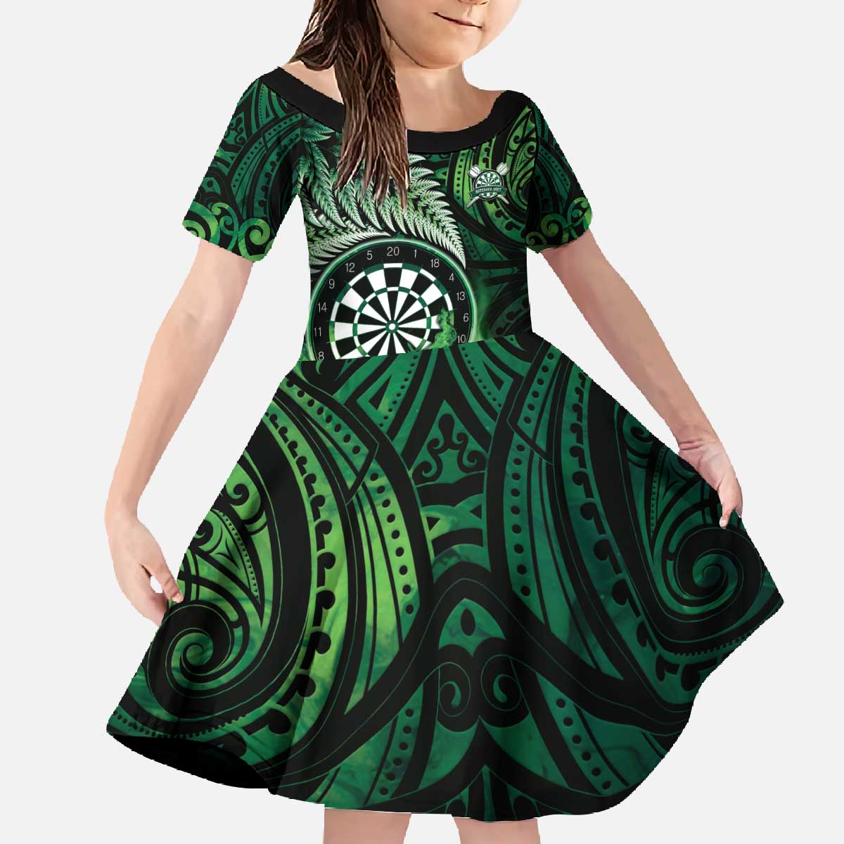 Personalised New Zealand Darts Family Matching Off The Shoulder Long Sleeve Dress and Hawaiian Shirt Maori Koru Dartboard Green Flame LT05 Daughter's Dress Green - Polynesian Pride