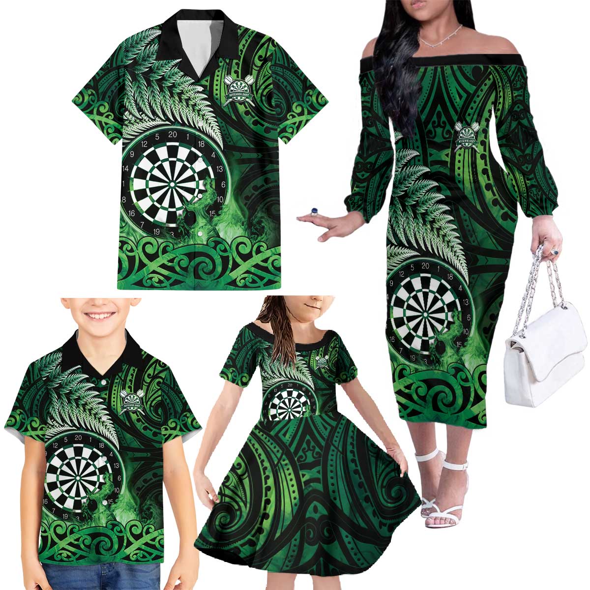 Personalised New Zealand Darts Family Matching Off The Shoulder Long Sleeve Dress and Hawaiian Shirt Maori Koru Dartboard Green Flame LT05 - Polynesian Pride