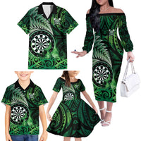 Personalised New Zealand Darts Family Matching Off The Shoulder Long Sleeve Dress and Hawaiian Shirt Maori Koru Dartboard Green Flame LT05 - Polynesian Pride