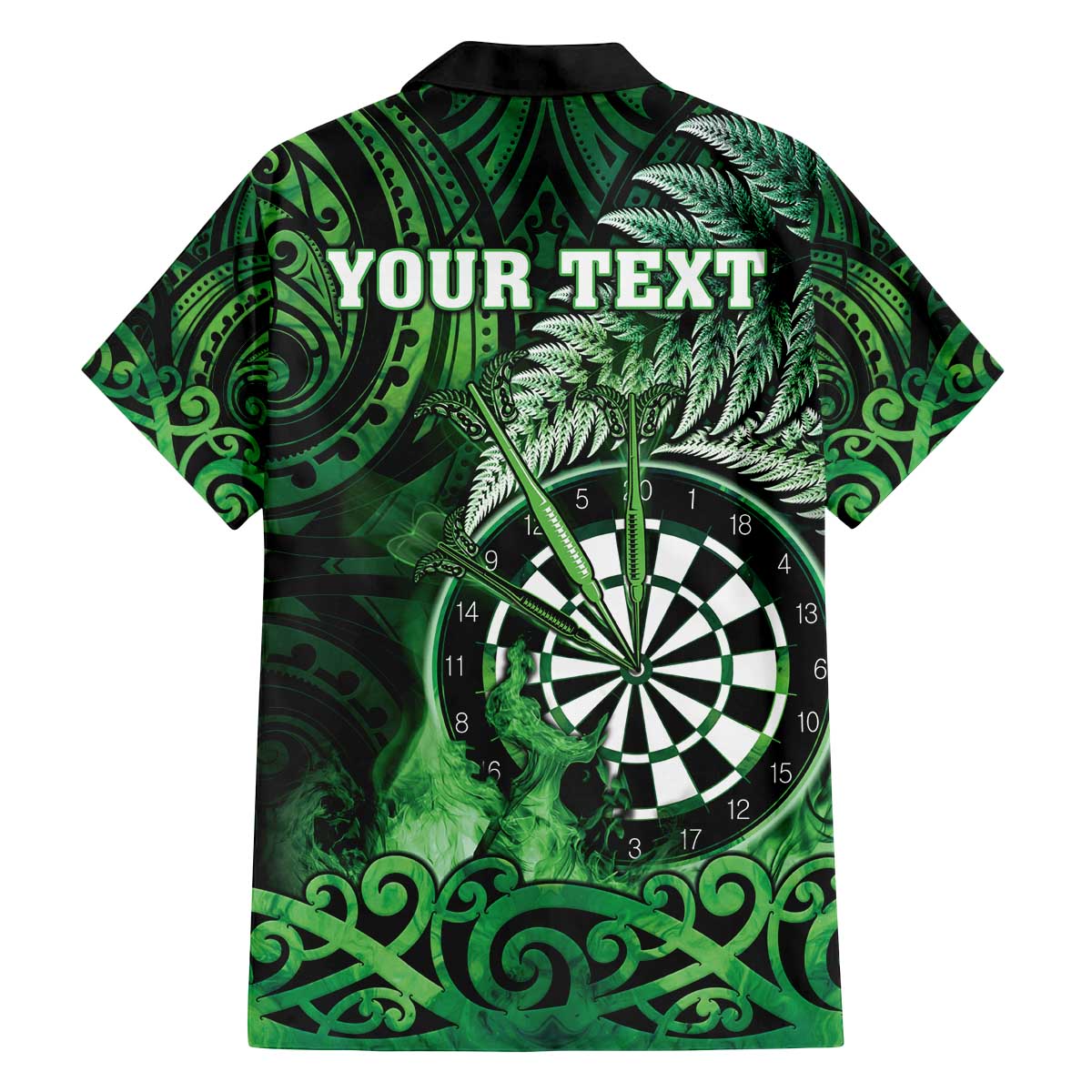 Personalised New Zealand Darts Family Matching Off The Shoulder Long Sleeve Dress and Hawaiian Shirt Maori Koru Dartboard Green Flame LT05 - Polynesian Pride