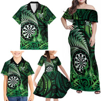Personalised New Zealand Darts Family Matching Off Shoulder Maxi Dress and Hawaiian Shirt Maori Koru Dartboard Green Flame LT05 - Polynesian Pride