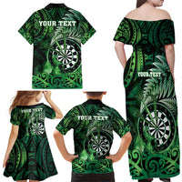Personalised New Zealand Darts Family Matching Off Shoulder Maxi Dress and Hawaiian Shirt Maori Koru Dartboard Green Flame LT05 - Polynesian Pride