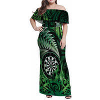 Personalised New Zealand Darts Family Matching Off Shoulder Maxi Dress and Hawaiian Shirt Maori Koru Dartboard Green Flame LT05 Mom's Dress Green - Polynesian Pride