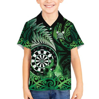 Personalised New Zealand Darts Family Matching Off Shoulder Maxi Dress and Hawaiian Shirt Maori Koru Dartboard Green Flame LT05 Son's Shirt Green - Polynesian Pride