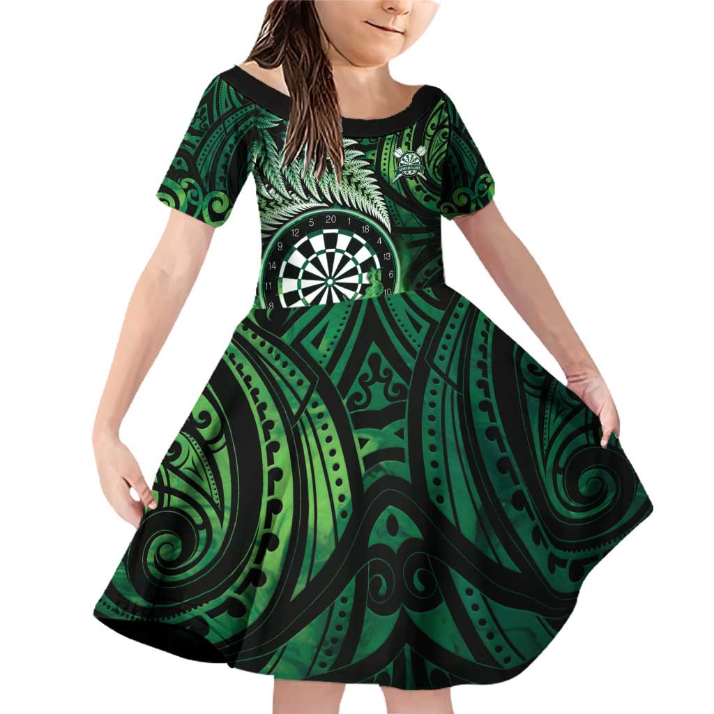 Personalised New Zealand Darts Family Matching Off Shoulder Short Dress and Hawaiian Shirt Maori Koru Dartboard Green Flame LT05 Daughter's Dress Green - Polynesian Pride