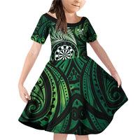Personalised New Zealand Darts Family Matching Off Shoulder Short Dress and Hawaiian Shirt Maori Koru Dartboard Green Flame LT05 Daughter's Dress Green - Polynesian Pride