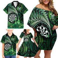 Personalised New Zealand Darts Family Matching Off Shoulder Short Dress and Hawaiian Shirt Maori Koru Dartboard Green Flame LT05 - Polynesian Pride