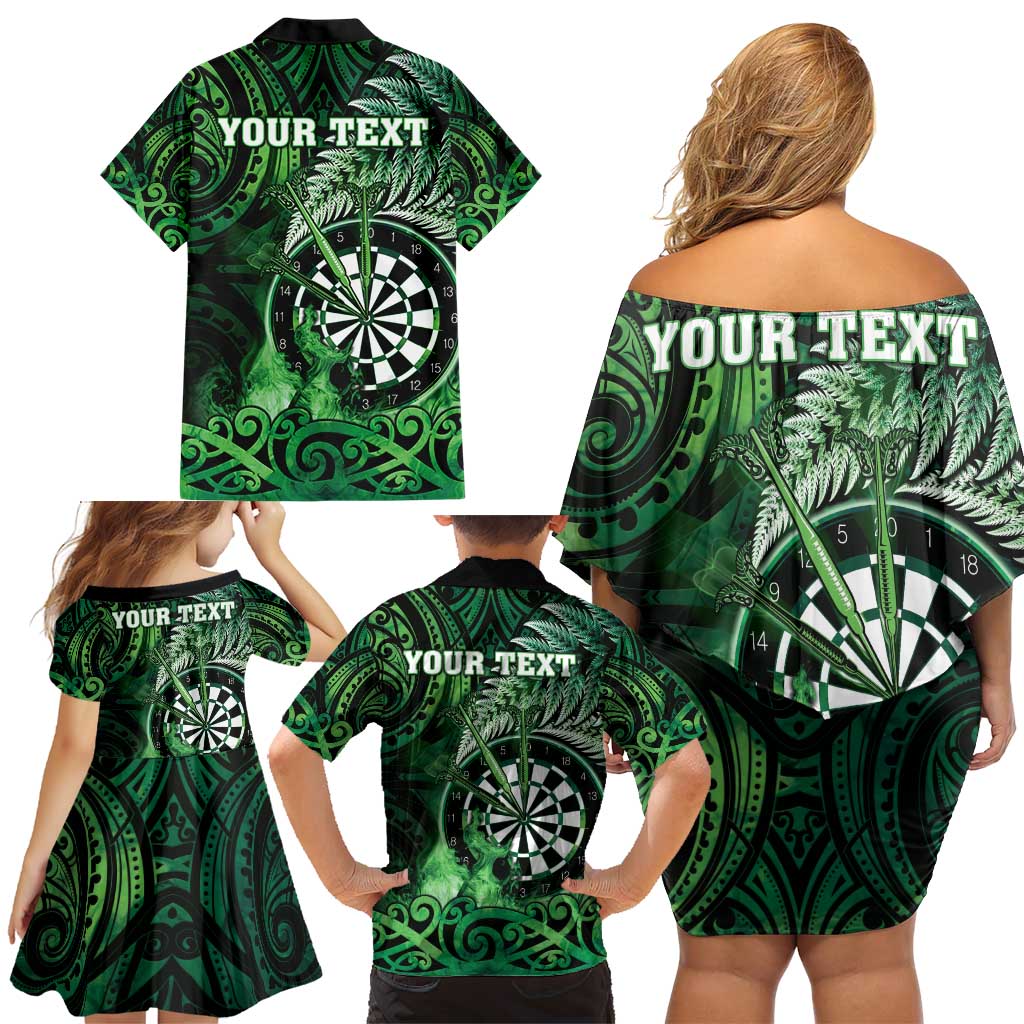 Personalised New Zealand Darts Family Matching Off Shoulder Short Dress and Hawaiian Shirt Maori Koru Dartboard Green Flame LT05 - Polynesian Pride