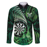 Personalised New Zealand Darts Family Matching Off Shoulder Short Dress and Hawaiian Shirt Maori Koru Dartboard Green Flame LT05 Dad's Shirt - Long Sleeve Green - Polynesian Pride