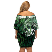 Personalised New Zealand Darts Family Matching Off Shoulder Short Dress and Hawaiian Shirt Maori Koru Dartboard Green Flame LT05 - Polynesian Pride