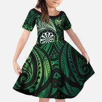 Personalised New Zealand Darts Family Matching Puletasi and Hawaiian Shirt Maori Koru Dartboard Green Flame LT05 Daughter's Dress Green - Polynesian Pride