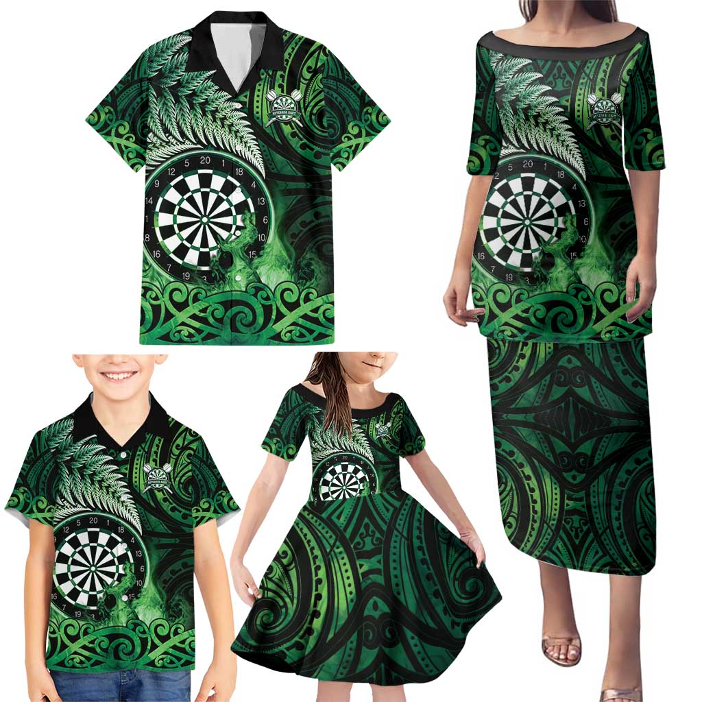 Personalised New Zealand Darts Family Matching Puletasi and Hawaiian Shirt Maori Koru Dartboard Green Flame LT05 - Polynesian Pride