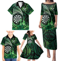 Personalised New Zealand Darts Family Matching Puletasi and Hawaiian Shirt Maori Koru Dartboard Green Flame LT05 - Polynesian Pride