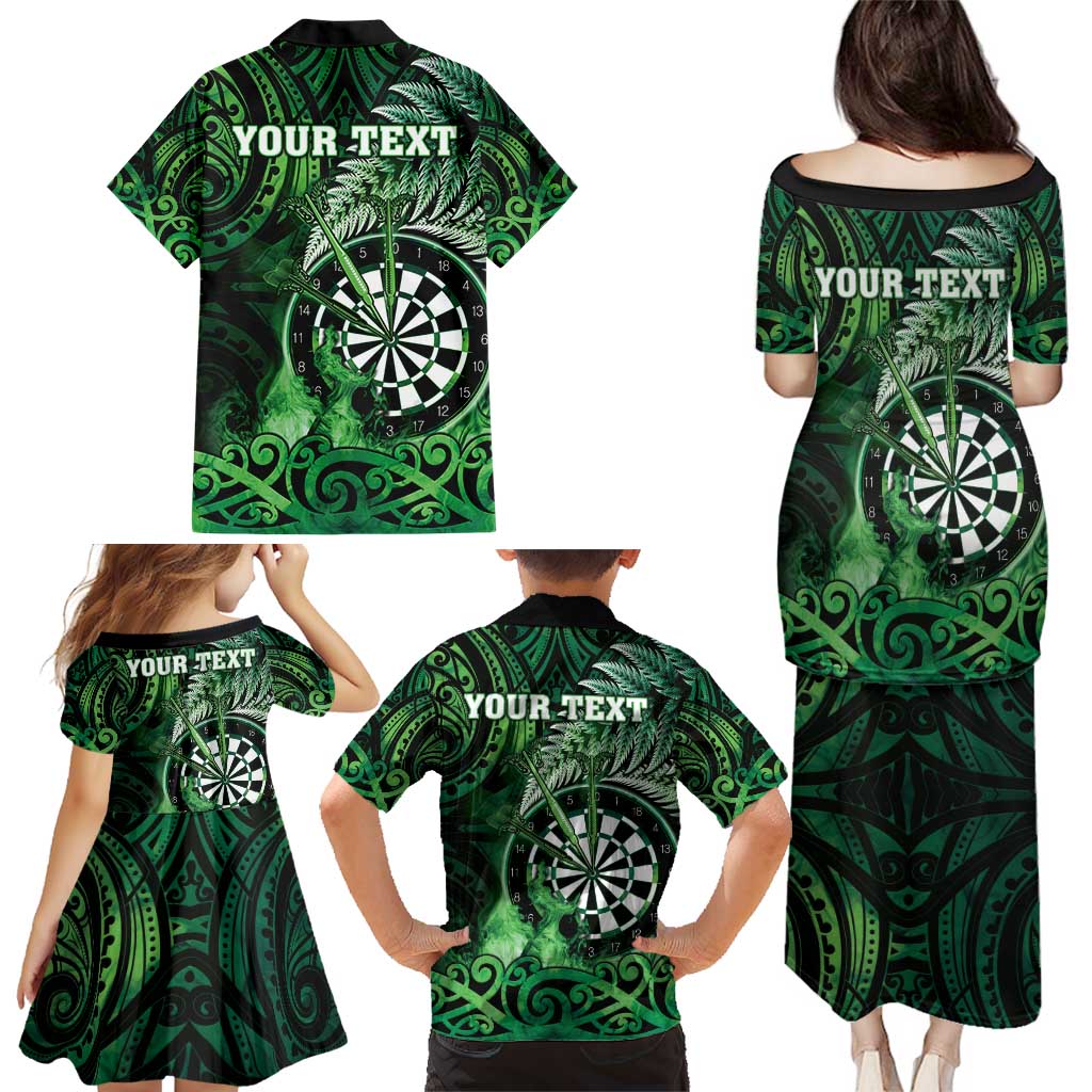 Personalised New Zealand Darts Family Matching Puletasi and Hawaiian Shirt Maori Koru Dartboard Green Flame LT05 - Polynesian Pride