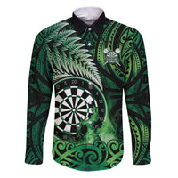 Personalised New Zealand Darts Family Matching Puletasi and Hawaiian Shirt Maori Koru Dartboard Green Flame LT05 Dad's Shirt - Long Sleeve Green - Polynesian Pride