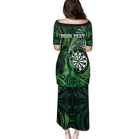 Personalised New Zealand Darts Family Matching Puletasi and Hawaiian Shirt Maori Koru Dartboard Green Flame LT05 - Polynesian Pride