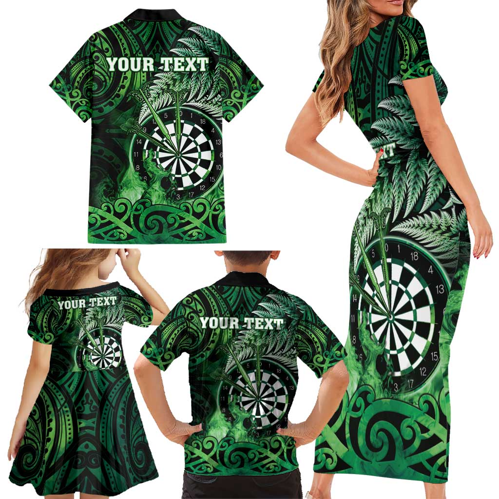 Personalised New Zealand Darts Family Matching Short Sleeve Bodycon Dress and Hawaiian Shirt Maori Koru Dartboard Green Flame LT05 - Polynesian Pride