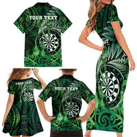 Personalised New Zealand Darts Family Matching Short Sleeve Bodycon Dress and Hawaiian Shirt Maori Koru Dartboard Green Flame LT05 - Polynesian Pride
