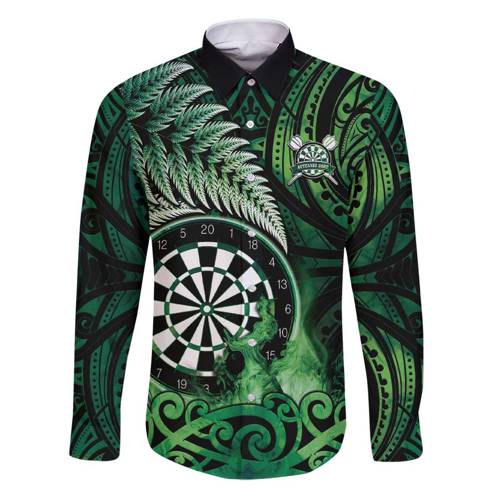 Personalised New Zealand Darts Family Matching Short Sleeve Bodycon Dress and Hawaiian Shirt Maori Koru Dartboard Green Flame LT05 Dad's Shirt - Long Sleeve Green - Polynesian Pride