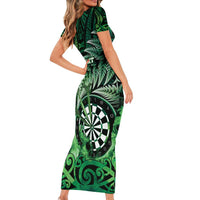 Personalised New Zealand Darts Family Matching Short Sleeve Bodycon Dress and Hawaiian Shirt Maori Koru Dartboard Green Flame LT05 - Polynesian Pride