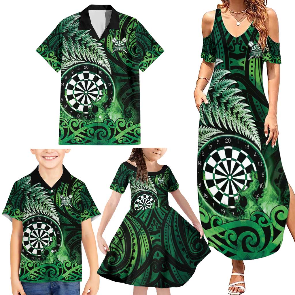 Personalised New Zealand Darts Family Matching Summer Maxi Dress and Hawaiian Shirt Maori Koru Dartboard Green Flame LT05 - Polynesian Pride