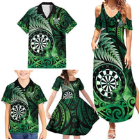 Personalised New Zealand Darts Family Matching Summer Maxi Dress and Hawaiian Shirt Maori Koru Dartboard Green Flame LT05 - Polynesian Pride