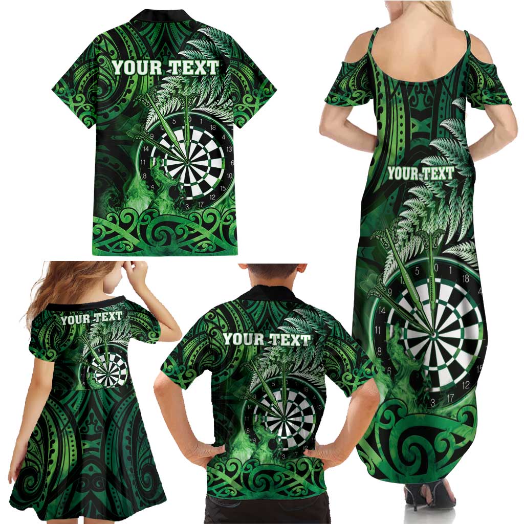 Personalised New Zealand Darts Family Matching Summer Maxi Dress and Hawaiian Shirt Maori Koru Dartboard Green Flame LT05 - Polynesian Pride