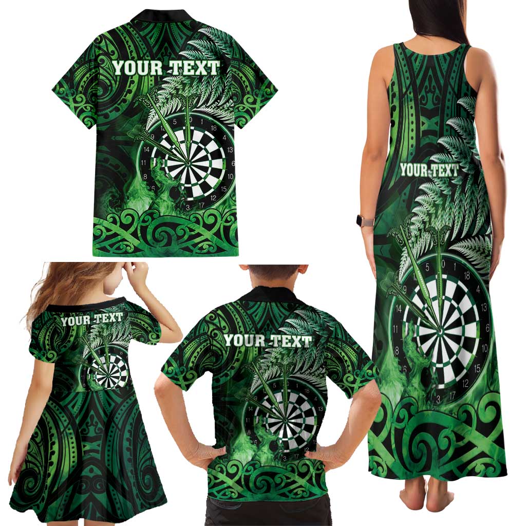 Personalised New Zealand Darts Family Matching Tank Maxi Dress and Hawaiian Shirt Maori Koru Dartboard Green Flame LT05 - Polynesian Pride