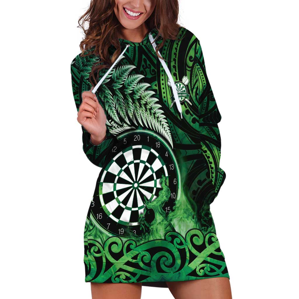 Personalised New Zealand Darts Hoodie Dress Maori Koru Dartboard Green Flame