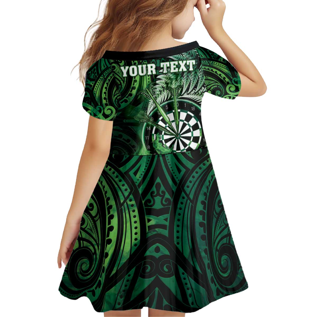 Personalised New Zealand Darts Kid Short Sleeve Dress Maori Koru Dartboard Green Flame