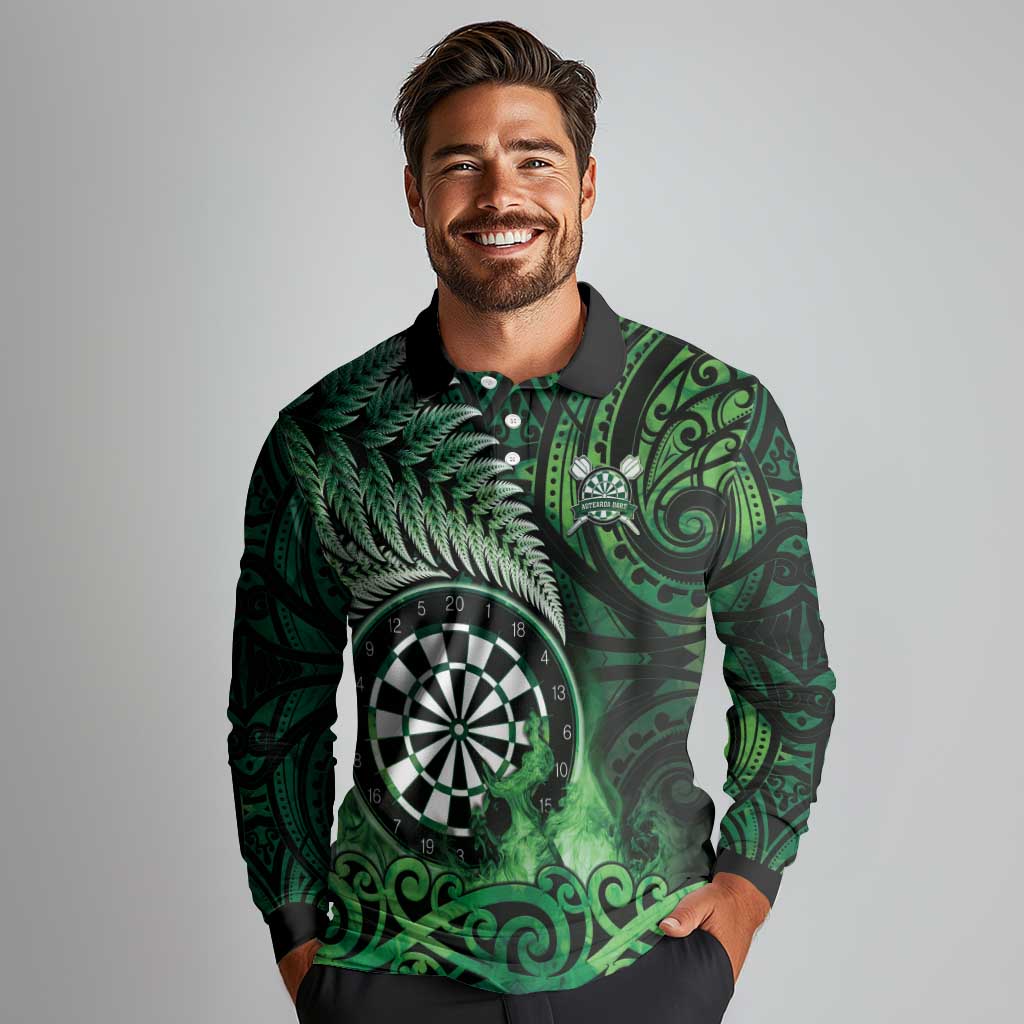 Personalised New Zealand Darts Long Sleeve Polo Shirt Maori Koru Dartboard Green Flame
