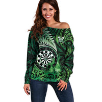 Personalised New Zealand Darts Off Shoulder Sweater Maori Koru Dartboard Green Flame LT05 Women Green - Polynesian Pride