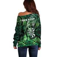 Personalised New Zealand Darts Off Shoulder Sweater Maori Koru Dartboard Green Flame LT05 - Polynesian Pride