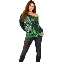 Personalised New Zealand Darts Off Shoulder Sweater Maori Koru Dartboard Green Flame LT05 - Polynesian Pride