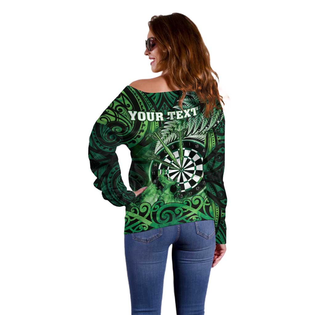 Personalised New Zealand Darts Off Shoulder Sweater Maori Koru Dartboard Green Flame LT05 - Polynesian Pride