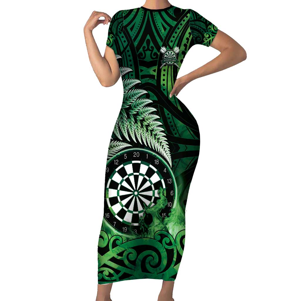 Personalised New Zealand Darts Short Sleeve Bodycon Dress Maori Koru Dartboard Green Flame