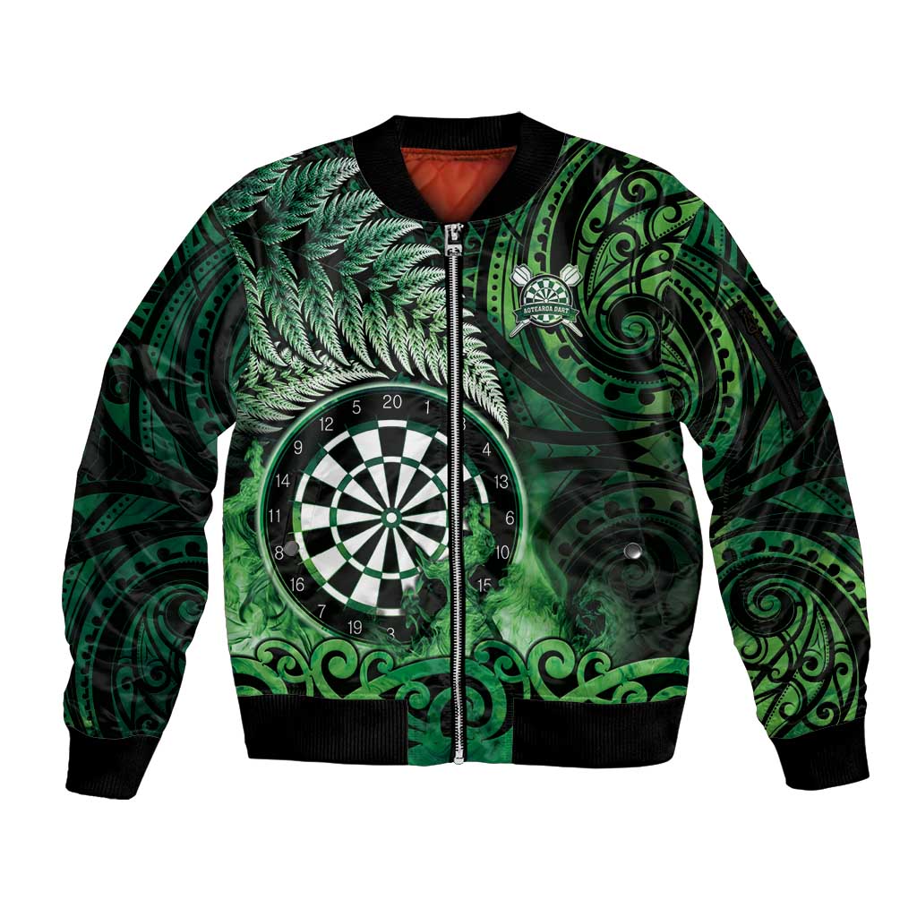 Personalised New Zealand Darts Sleeve Zip Bomber Jacket Maori Koru Dartboard Green Flame LT05 Unisex Green - Polynesian Pride