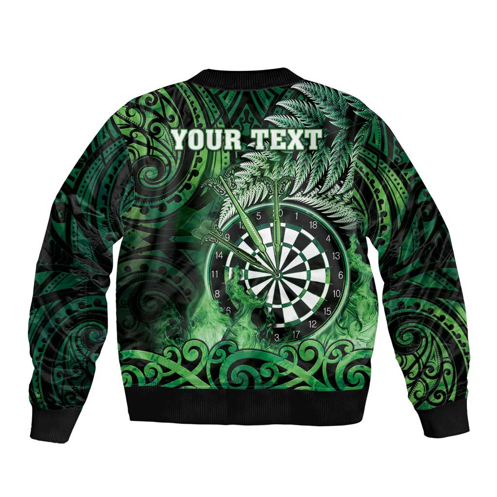 Personalised New Zealand Darts Sleeve Zip Bomber Jacket Maori Koru Dartboard Green Flame LT05 - Polynesian Pride
