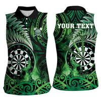 Personalised New Zealand Darts Women Sleeveless Polo Shirt Maori Koru Dartboard Green Flame