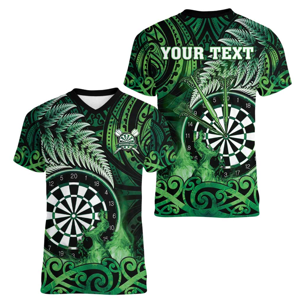 Personalised New Zealand Darts Women V-Neck T-Shirt Maori Koru Dartboard Green Flame