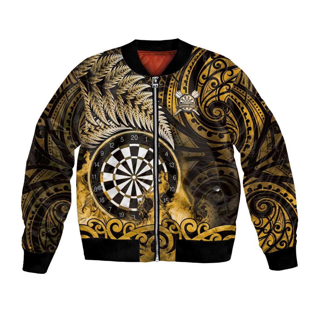Personalised New Zealand Darts Bomber Jacket Maori Koru Dartboard Gold Flame LT05 Unisex Gold - Polynesian Pride