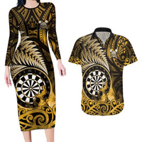 Personalised New Zealand Darts Couples Matching Long Sleeve Bodycon Dress and Hawaiian Shirt Maori Koru Dartboard Gold Flame LT05 Gold - Polynesian Pride