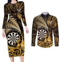 Personalised New Zealand Darts Couples Matching Long Sleeve Bodycon Dress and Long Sleeve Button Shirt Maori Koru Dartboard Gold Flame LT05 Gold - Polynesian Pride